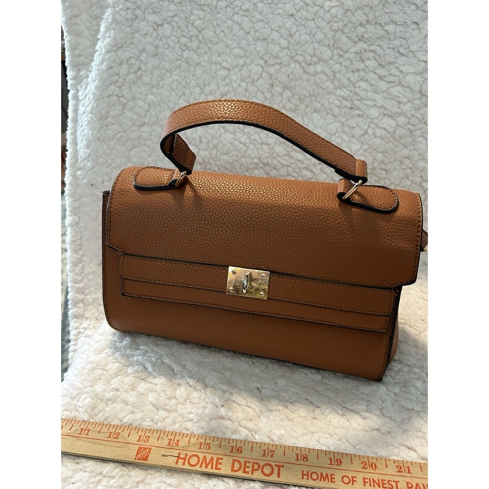 camel colored purse 11" Wide 8" Deep Shortened Handle Zippered Pockets